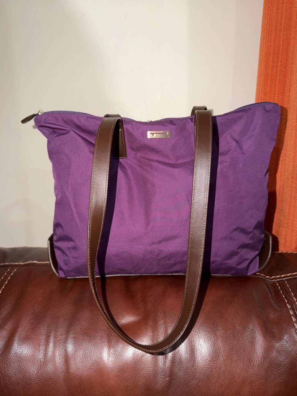 🔥🔥🔥Tumi Purple Nylon Tote Shoulder Bag With Brown Leather Straps